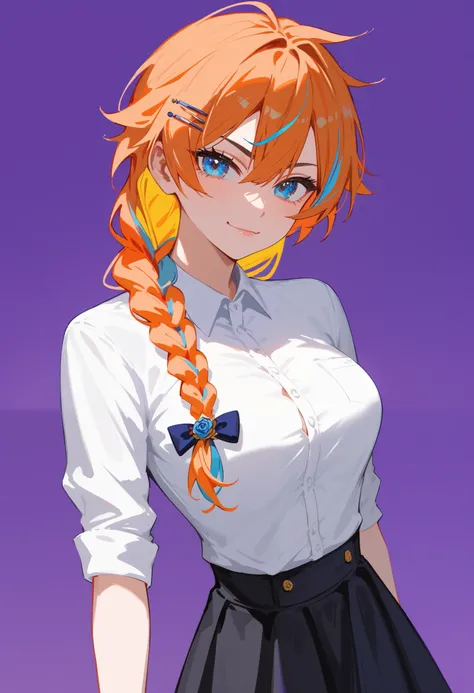 girl,orange hair, multi colour hair,Yellow Hair, in blue eyes, White Shirt,Beautiful dress,shirt,rose, Tomboy,long hair,Braided ponytail,roseติดผม,cute face,big chest,Slim Gold Hairpin,standing,purple background,Fierce face, black skirt,