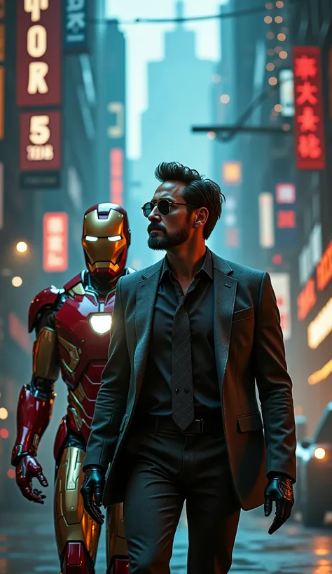 ((masterpiece)) ((photography)) ((Highest quality)) A powerful and mysterious, hyper-realistic ultra-detailed 8K, Robert Downey JR charismatic man with neatly styled dark hair and a well-groomed beard, wearing a tailored dark gray suit and black tie, walki...