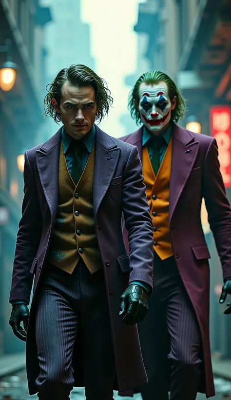((masterpiece)) ((photography)) ((Highest quality)) A powerful and mysterious, hyper-realistic ultra-detailed 8K, Heath Ledger as a charismatic man with disheveled green hair, wearing a purple tailored coat, patterned vest, and a dark green tie, walking ne...