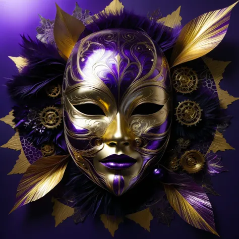 A collage of folded paper, combining glossy purple, gold, and silver foil textures, abstract fractal designs, brush inspired by comedy dell'arte and Venetian masks, reflecting the styles of Philip Vignal and Takato Yamamoto, combines appeal with anxiety, ...