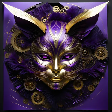 A collage of folded paper, combining glossy purple, gold, and silver foil textures, abstract fractal designs, brush inspired by comedy dell'arte and Venetian masks, reflecting the styles of Philip Vignal and Takato Yamamoto, combines appeal with anxiety, ...