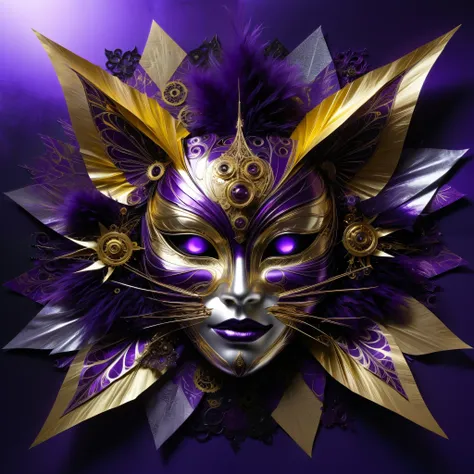 A collage of folded paper, combining glossy purple, gold, and silver foil textures, abstract fractal designs, brush inspired by comedy dell'arte and Venetian masks, reflecting the styles of Philip Vignal and Takato Yamamoto, combines appeal with anxiety, ...