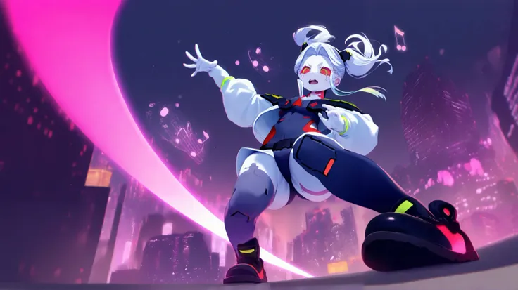 [cyberpunk school uniforms:1.3] with glowing neon trim, dynamic poses capturing mid-performance energy,
lead vocalist with electric guitar shaped energy blade, drummer surrounded by floating rhythm cubes,
bassist stepping on pulsating sound waves, keyboard...