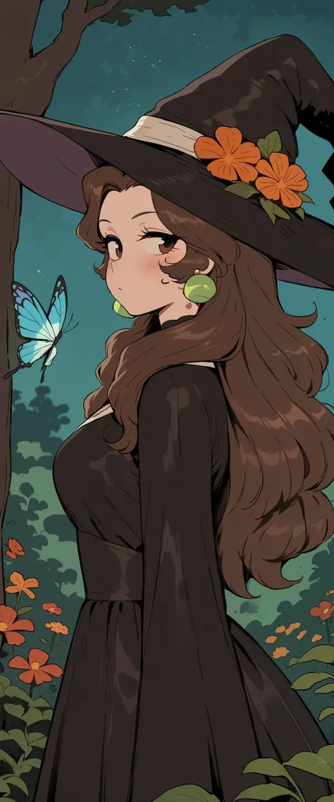 didi_v1, Vintage_v1,f1f1_v1 , 1girl, flower, forest, brown hair, hat flower, nature, looking at viewer, earrings, witch hat, brown eyes, red flower, black headwear, from side, butterfly, upper body, long hair, tree, witch, dress, night, breasts, outdoors, ...