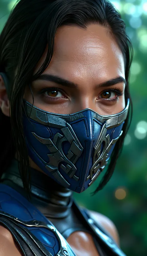 Hyper-realistic photographic style. Gal Gadot as Kitana . Close-up do rosto. Extremely realistic blue mask and silver details. flawless skin texture. Bottom: dense forest, Greg Rutkowski style . dramatic lighting. 8k. 8k, rendered in Unreal Engine 5 realis...
