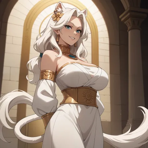 "malty melromarc, reinterpreted with feline lion features:  ears and white tail , and a fuller white mane., wearing a white low-cut Greek robe with gold details. Her expression is confident and haughty, with a slight smile as she observes someone out of th...