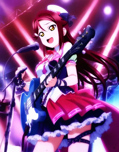 masterpiece, best quality, amazing quality, very aesthetic, absurdres, anime coloring, official_art, 2010s \(style\), BREAK 1girl, solo, sakurauchi_riko, (love_live!_sunshine!!:0.9), red hair, long hair, hair ornament, medium breasts, idol clothes, pank, f...
