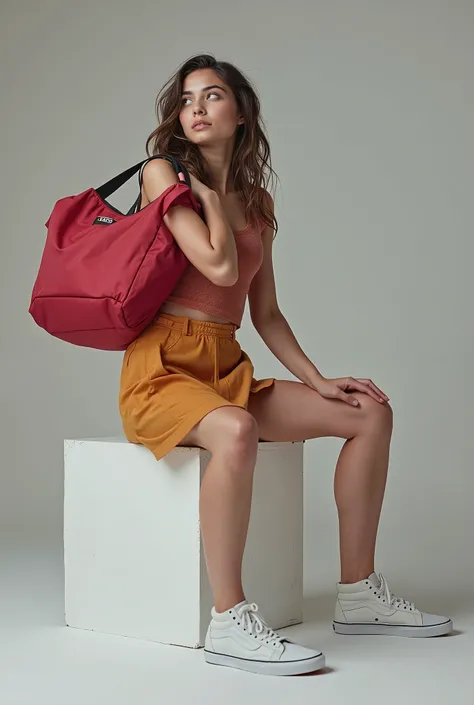 (((Close-up))) from a trunk of a young woman sitting on a low white block, wearing a Vans skirt and sneakers, holding a basic thermal bag on your shoulder, large thermo bag, nylon thermal bag, large thermo bag, Realistic photo,  advertising photo  