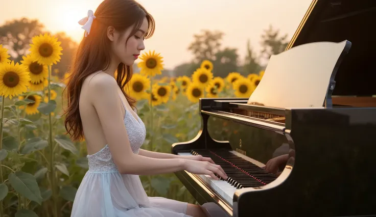 "A beautiful Japanese i-dol girl in her 20s playing the piano, (perfect slim body: 1.3), ((top angle: 1.5)), ((playing a shiny black grand piano. A field of sunflowers illuminated by the rising sun. The piano is positioned amidst the golden flowers)), Loos...