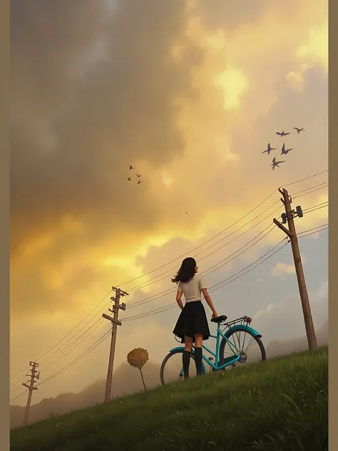 vintage young woman standing in front of her blue bike. Watercolor style, very detailed illustration