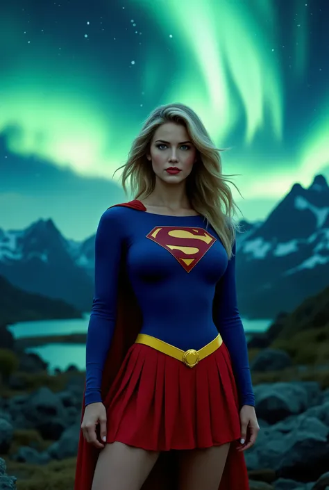 Supergirl in classic costume, long sleeves, closed shoulders.
(latex)- red pleated skirt, yellow belt with a buckle, blue top with a logo on the chest. big breasts, sitting in a sexy pose in the mountains, in the sky is the northern lights