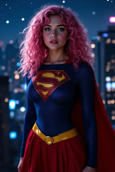 Supergirl with pink curly hair 22 years old in a classic costume, long sleeves, closed shoulders.
(latex)- red pleated skirt, yellow belt with a buckle, blue top with a logo on the chest. big breasts, hovering over the night city, night sky in the stars, c...
