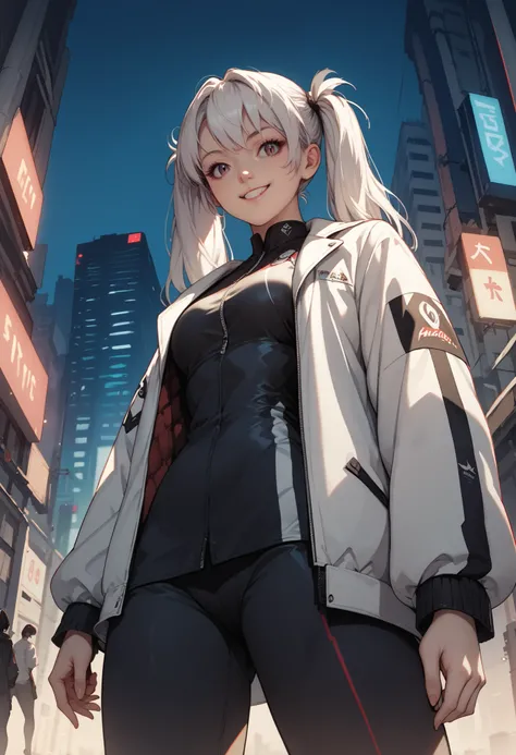score_9, score_8_up, score_7_up, source_anime, from below, slit hair, black hair, white hair, twintails, open jacket, street, modern clothes, smile, medium breasts, cowboy shot