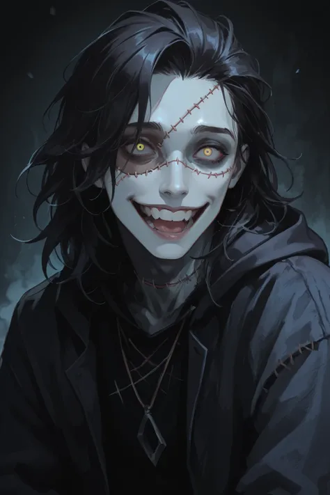 A ghostly man with stitches from a big smile