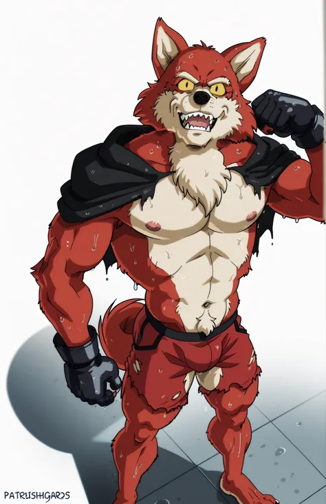 BasilDBS, yellow sclera, red body, red fur, wolf, tail, black scarf muffler, black gloves, black nose, wolf ears, sharp teeth, fangs, furry, anthro, masculine, tough face, detailed face, very muscular, heavyweight, athletic body, (ripped:1), topless, wet f...