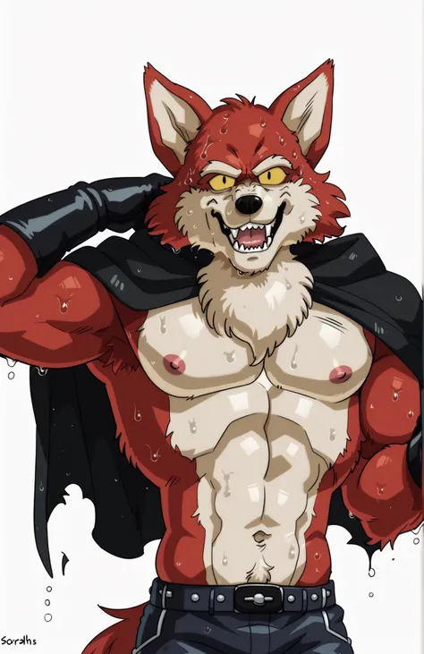 BasilDBS, yellow sclera, red body, red fur, wolf, tail, black scarf muffler, black gloves, black nose, wolf ears, sharp teeth, fangs, furry, anthro, masculine, tough face, detailed face, very muscular, heavyweight, athletic body, (ripped:1), topless, wet f...