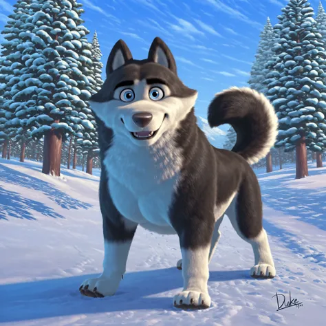Duke (Arctic Dogs), feral, feral dog, black fur, white fur, standing, looking at viewer, high quality, winter background, snow, (pecs), husky, muscular