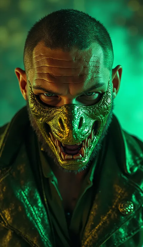 Here is a detailed prompt to generate an image ** super realistic** of Tom Hardy as **Reptile**, focused **only on the face**, with a green outfit and a shiny metallic green mask partially covering the face, and a striking background: --- **"Close-up hiper...