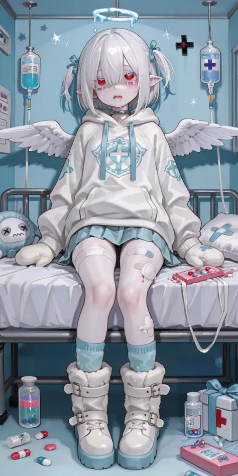 The girl is albino, she has white skin and slightly pointed ears, her eyes are navi blue , and her eyelashes are white. She has short white hair short bob haircut and has small pigtails on the sides of her head. She is wearing a baby-blue oversized hoodie ...