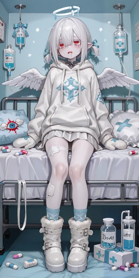 The girl is albino, she has white skin and slightly pointed ears, her eyes are navi blue , and her eyelashes are white. She has short white hair short bob haircut and has small pigtails on the sides of her head. She is wearing a baby-blue oversized hoodie ...