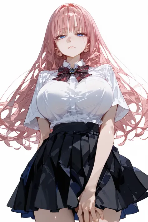 (masterpiece, best quality), 1girl, standing, raised hip, hand between legs, head tilted, sideways glance, break half-closed eyes, stoic, looking down, light frown, break 17yo, huge long breasts, (beautiful pink hair, long hair), (sharp blue eyes, detailed...
