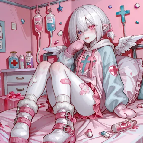 The girl is albino, she has white skin and slightly pointed ears, her eyes are navi blue , and her eyelashes are white. She has short white hair short bob haircut and has small pigtails on the sides of her head. She is wearing a pastel pink/baby-blue/lilac...