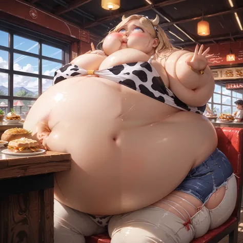 A hyper-realistic, ultra-detailed masterpiece featuring  One woman, her pants burst open and unzip because she is so full of food, (embarrassed emotions), (), belly overhang, stringy blonde hair, sitting in a restaurant, eaten food in foreground, wearing a...