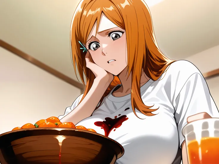 1 female, inoue orihime, long plain white t-shirt, sad expression, looking down, food stain in her cheek, detailed, stained bowl, orange juice