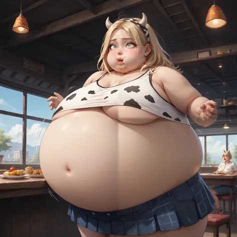 A hyper-realistic, ultra-detailed masterpiece featuring  One woman, her pants burst open and unzip because she is so full of food, (embarrassed emotions), (), belly overhang, stringy blonde hair, sitting in a restaurant, eaten food in foreground, wearing a...