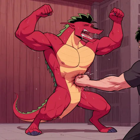 best quality, newest, absurdres, highres, (masterwork, masterpiece, best quality, hyper-detailed :1.3), fullbody, 1boy, solo, j4k3, dragon boy, matured, adult, athletic, (heavyweight:1):1, massive torso, broad shoulders, narrow waist, thick arms, black eye...