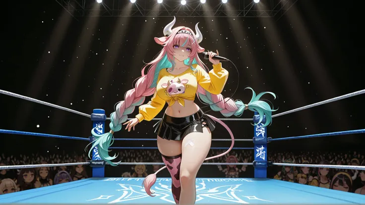 varesa ( genshin impact ) a girl with multicolored hair standing on a wrestling ring with a light on her face shining behind her, holding microphone, solo, headband, tied shirt, black skirt, black skirt, navel, miniskirt, bandaid on thigh, midriff, full b...