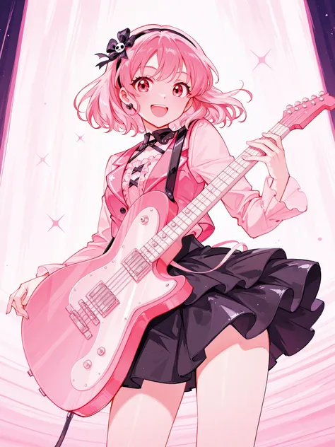 Anime girl band, Waifull playing guitar, super happy, contagious style, (anime 98%), aesthetic, view from bottom to top, clear, vibrant colors, (clothes: pink vest, black skirt shirt, white details. Gothic cutie. Reflection on the guitar, iso< HD, RAW.
