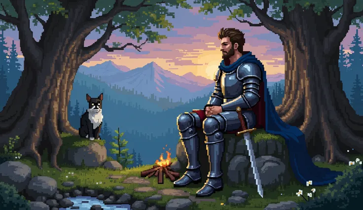 A medieval knight in full plate armor sits by a crackling bonfire, deep in thought. His helmet covers his face, and his hands are clasped together in a resting pose. A large sword is planted into the ground beside him, and a deep red cape drapes over his s...
