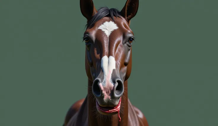 realistic yellow horse, muzzle dirty with blood, blood dripping from its mouth. The background of the image is in a plain color, plain green background.