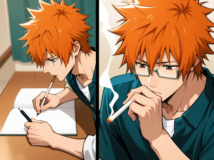 detailed, highest quality, 1boy, ichigokurosaki, orange hair, short hair, spiked hair, brown eyes, casual outfit, writing while smoking, square glasses, looking down, above view, short hair