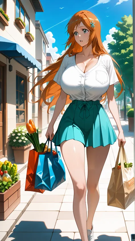 1 female, solo, inoue orihime, walking, groceries bag, beautiful sky, white turtle neck, large breast, outdoor
