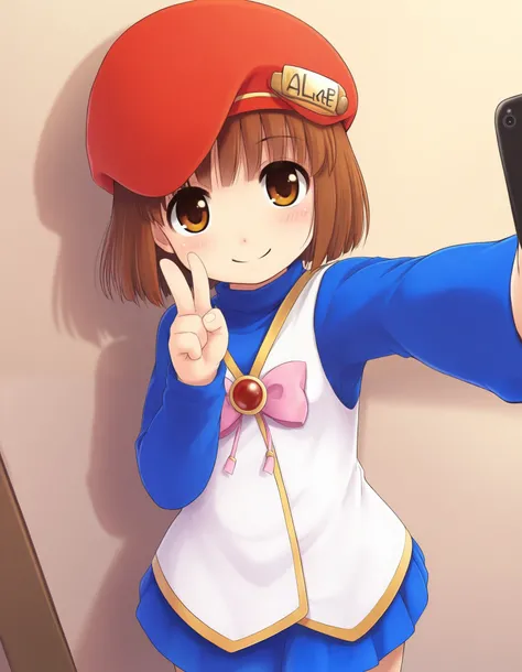 puyoArleyD,1 girl,Alone,black cock,brown eyes,White vest,Red Beret , pink ribbon,blue skirt,button,indoor, smile, selfie, close-up, masterpiece, Best Quality, very beautiful, absard dress,hand