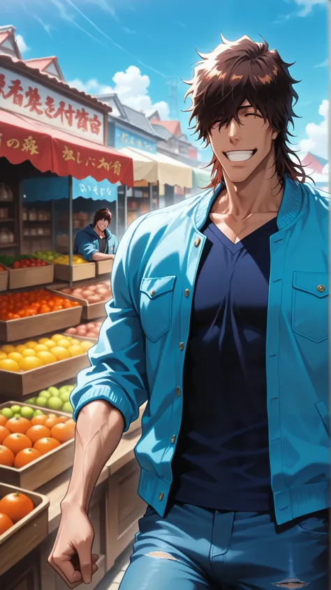 1 male, yasutora_sado, smile, greetings, closed eye, close up, detailed, full anatomy, market, beautiful sky, blue jeans jacket, muscular
