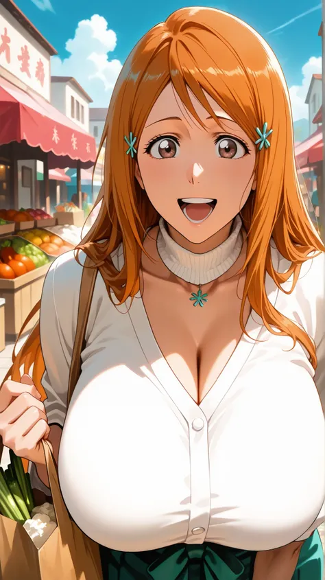 1 female, solo, inoue orihime, groceries bag, beautiful sky, white turtle neck, large breast, outdoor, suprised smile, open mouth, close up, lean forward, market, detailed