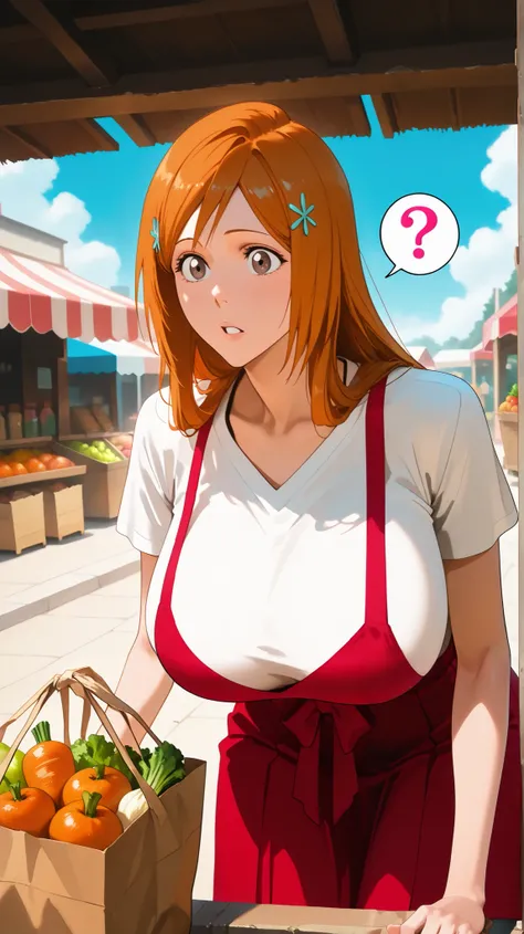 1 female, solo, inoue orihime, groceries bag, beautiful sky, white turtle neck, large breast, outdoor, suprised, smill, close up, lean forward, market, detailed, question mark