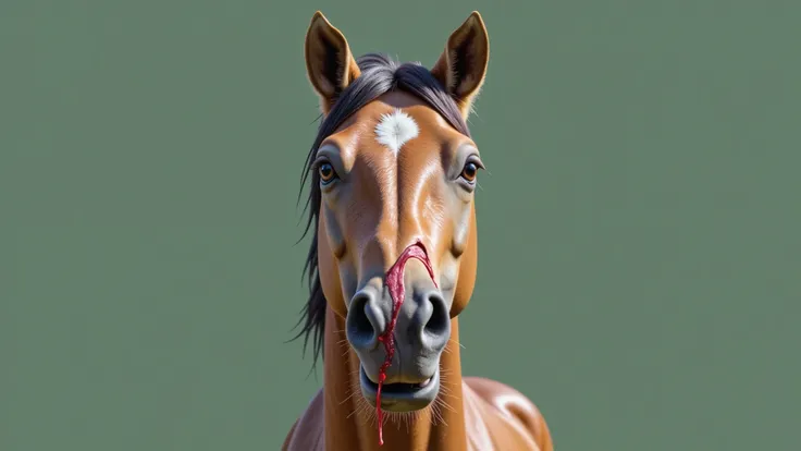realistic yellow horse, long mane, muzzle dirty with blood, blood dripping from its mouth. The background of the image is a solid color, solid green background. The horse's face is dirty with blood.
