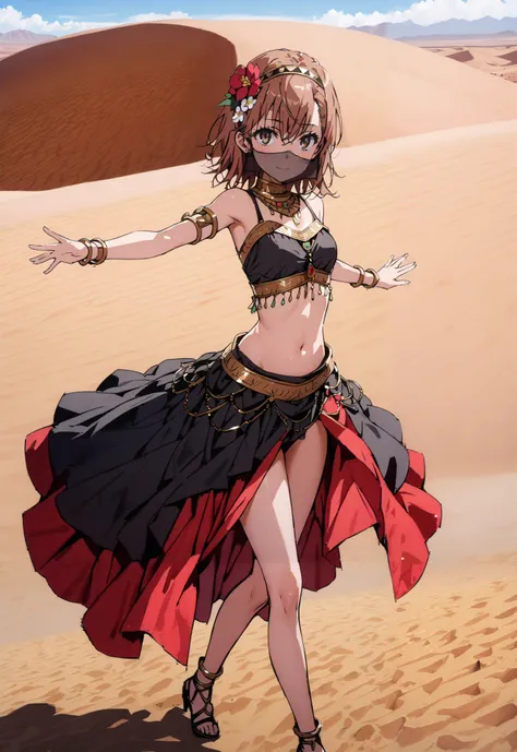 score_9, score_8_up, score_7_up, source_anime,
Mikoto and Misaka, Misaka Mikoto , short hair, black cock, hair ornament, hair flower, brown eyes,Arabian clothing,  dancer , mouth Veil, belly Dancing, Veil, Armlet,Bare legs,Dancing,standing,smile,cover,full...