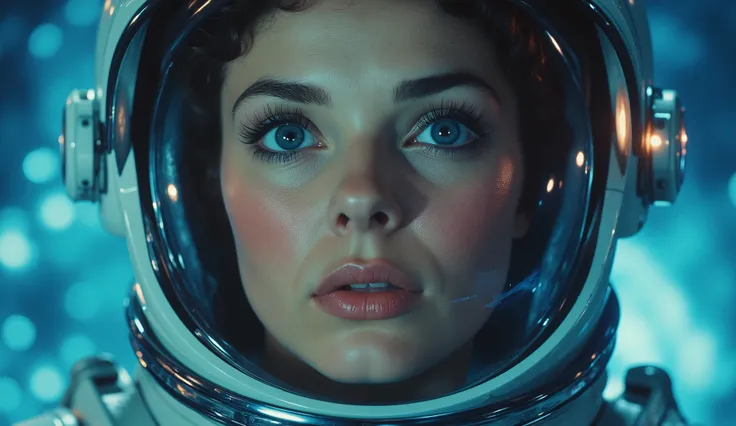 A sharp, ultra-detailed close-up of a female astronaut explorer, her face illuminated by a soft blue visor glow. Her high-tech space helmet reflects a swirling nebula behind her. Her expression is a mix of wonder and determination, a lone traveler staring ...
