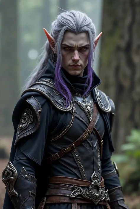 The hybrid elf, half normal elf and half dark elf, has a unique and imposing appearance. His skin is a grayish tone, a middle ground between light and dark. His eyes shine brightly, mixing shades of amber and violet, reflecting his dual power. His hair, a ...