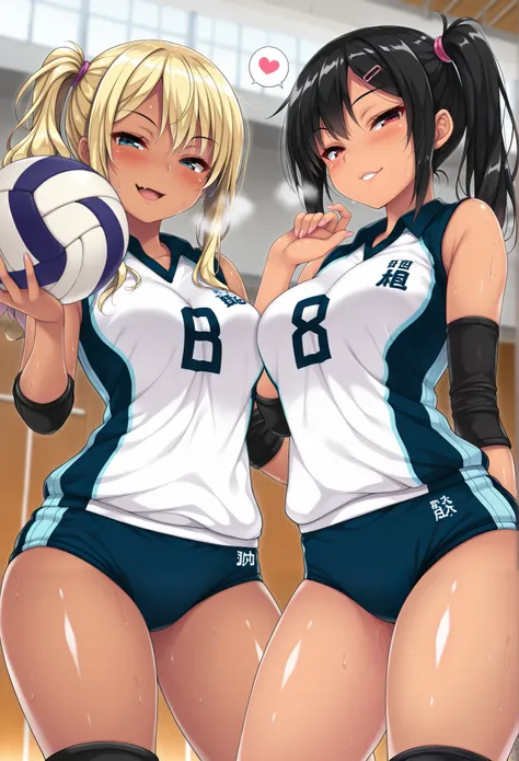 masterpiece, best quality, amazing quality, 2girls, gyaru, (holding ball:1.4),(seductive pose:1.4), (sexy pose:1.4), thick thighs, Collared volleyball uniforms, sleeveless, (buruma:1.4), volleyball knee pads, elbow sleeve, (old Full spherical 8.5" volleyba...