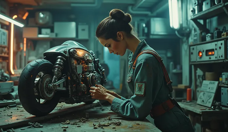 A detailed mid-shot of a futuristic female mechanic, her hands covered in oil and circuitry dust, as she repairs a floating motorbike. The neon lights of a high-tech garage flicker behind her.