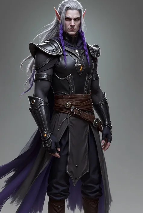 The hybrid elf, half normal elf and half dark elf, has a unique and imposing appearance. His skin is a grayish tone, a middle ground between light and dark. His eyes shine brightly, mixing shades of amber and violet, reflecting his dual power. His hair, a ...
