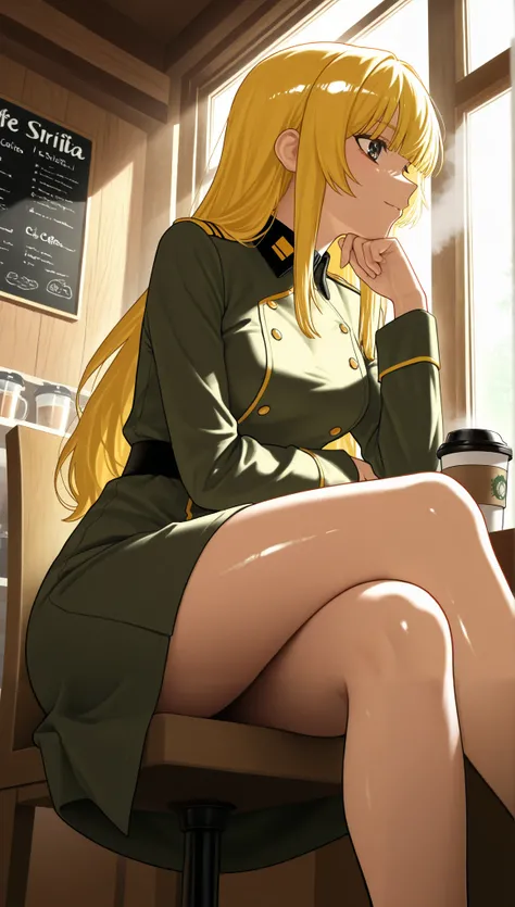 A girl sitting in a cafe,Sunlight through the window,Hand on chin,Pensatiba,blonde,shiny eyes,(from below:1.2),half-profile ,Cross Legs, military dress,I drink hot and steaming coffee