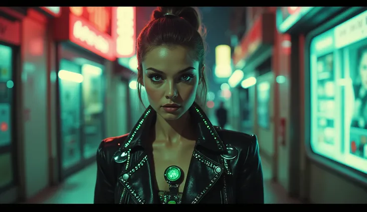 A mid-shot of a futuristic private investigator with sharp emerald-green cybernetic eyes, staring intently at the camera. She wears a sleek black trench coat with glowing circuitry patterns, and a holographic badge hovers above her chest. The neon-lit alle...