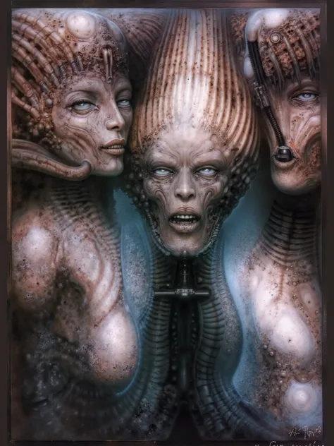 Please reproduce the original image as accurately as possible, capturing the intricate details of the biomechanical structures, the dramatic lighting, and the overall sense of unease. Find and enhance depiction of Giger's demons and creatures.(best quality...